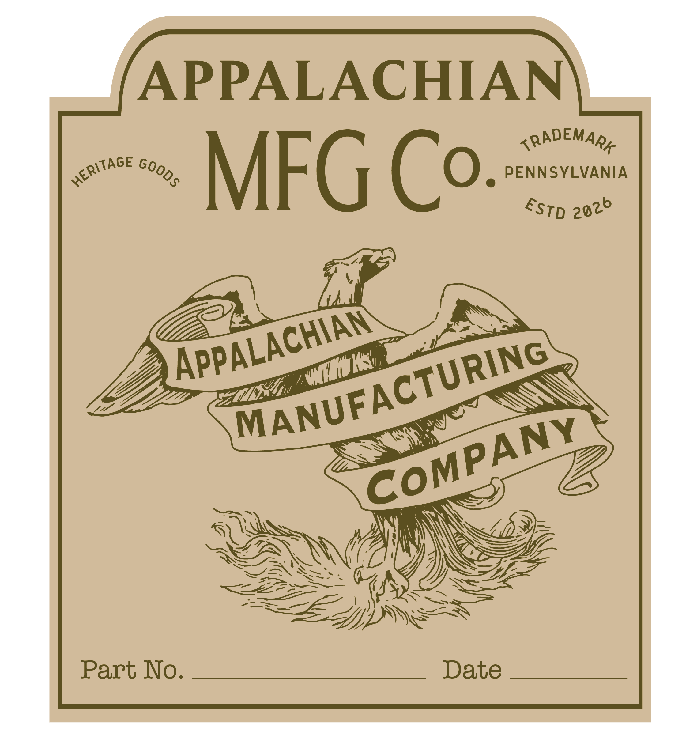 Appalachian Manufacturing Co. kraft product tag with part number and date fields